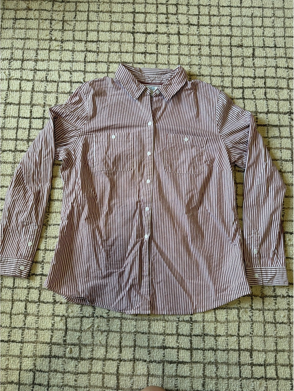 Women's Brown White Striped Preppy Academia 90s Minimalist Button Down Shirt L